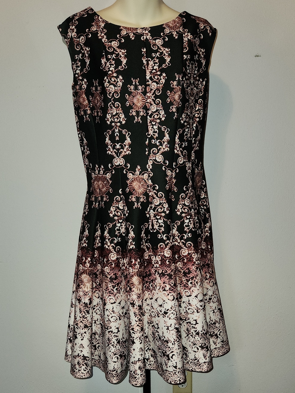 Gabby Skye Black and Pink Ornate Fit-and-Flare Dress